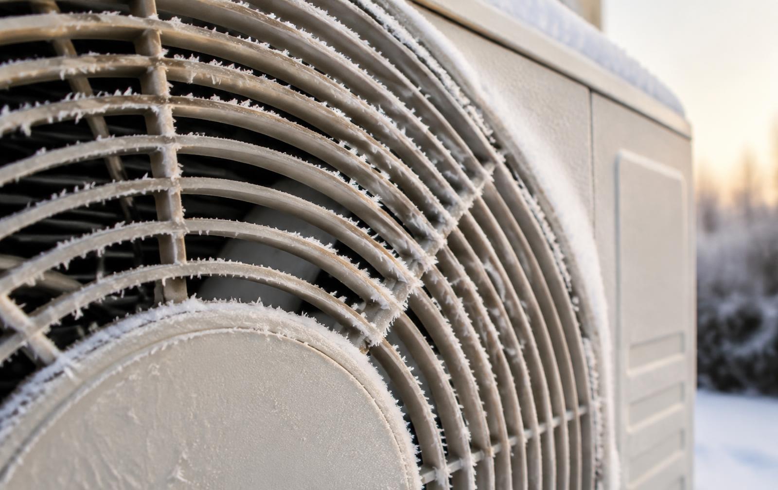 Frost on the fan grille of a cold-climate heat pump outdoor unit