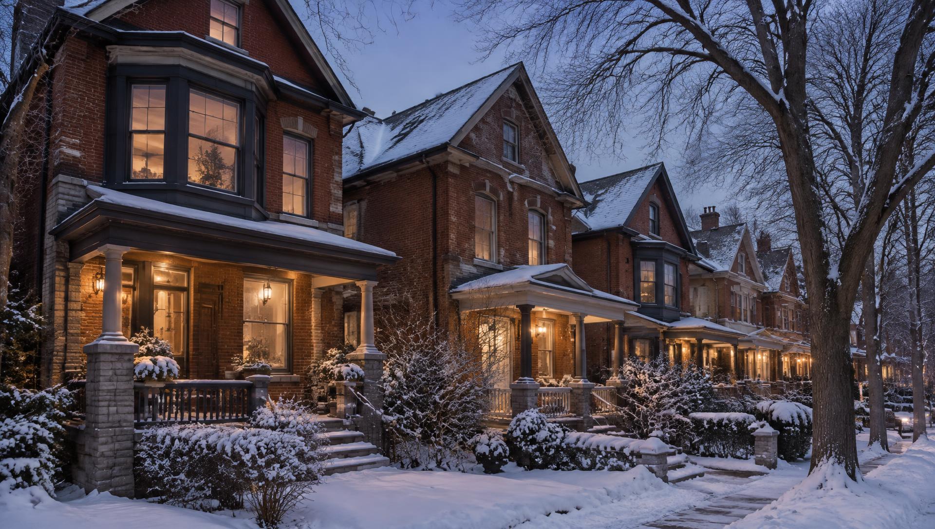 Snowy row of red-brick Toronto houses at dusk