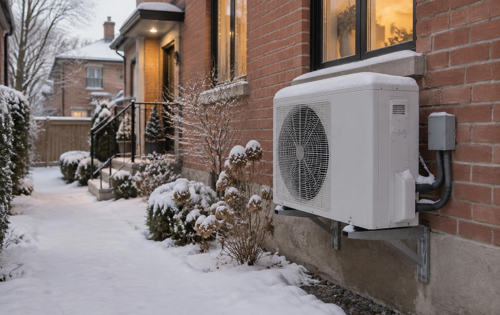 Cold-climate heat pump on a wall bracket beside a snowy brick house